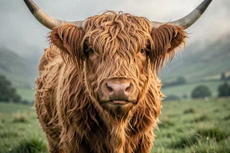 Vache Highland aux longs poils bouclés cuivrés dans un pré vert écossais, portrait rapproché fascinant