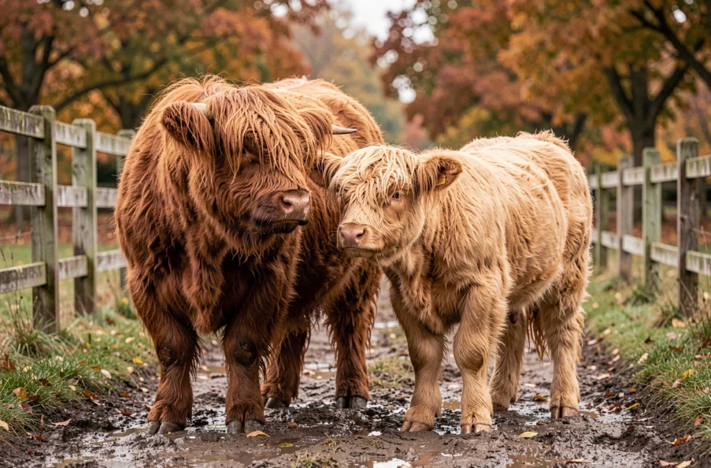Vache Highland adulte et veau aux poils longs et bouclés sur un chemin de ferme en automne