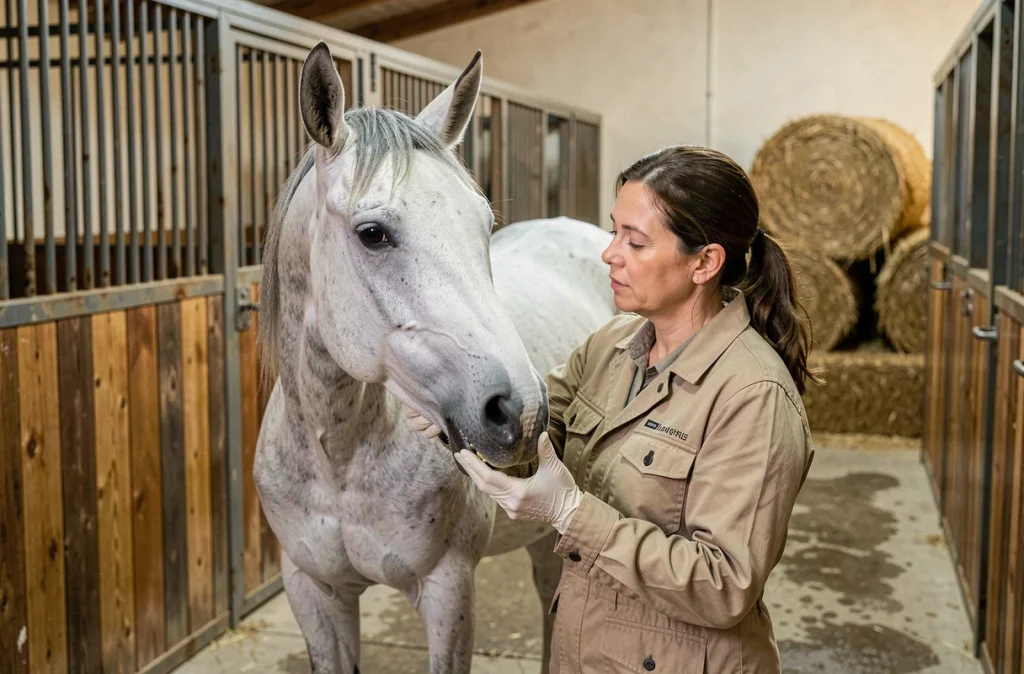Vétérinaire examinant les dents d'un cheval gris en écurie, soin vétérinaire essentiel pour prolonger l'espérance de vie du cheval