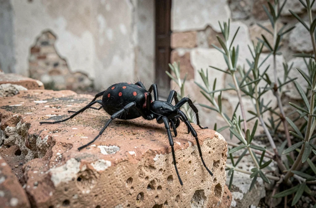 Veuve noire méditerranéenne Latrodectus tredecimguttatus sur pierre en Provence, araignée dangereuse du sud de la France à identifier