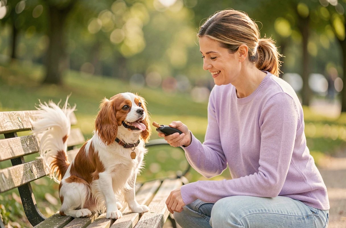 Au Quart de Poil, éducation canine positive à Paris, éducatrice utilisant le renforcement positif avec un petit chien dans un parc parisien ensoleillé