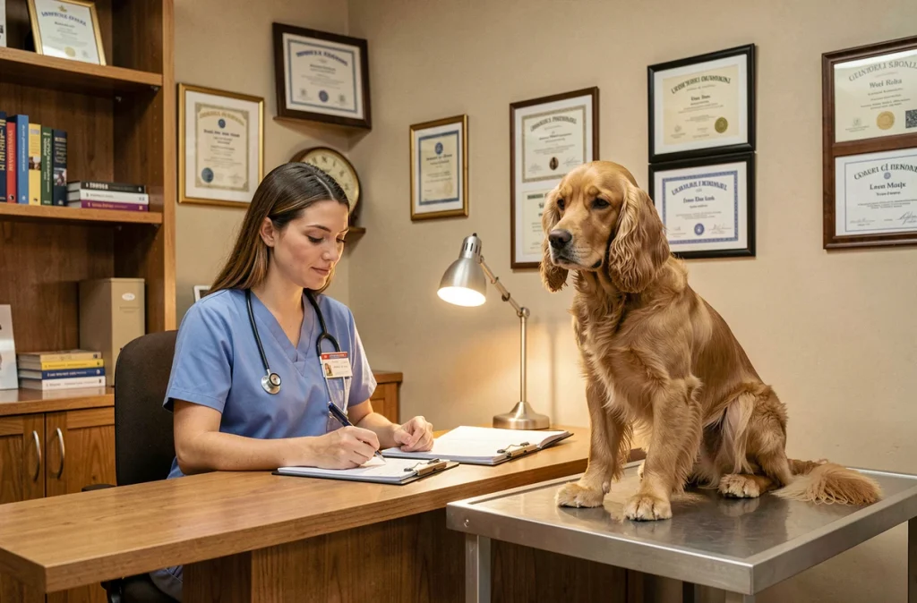 Vétérinaire en consultation avec un chien au Cabinet Vétérinaire de la Colline