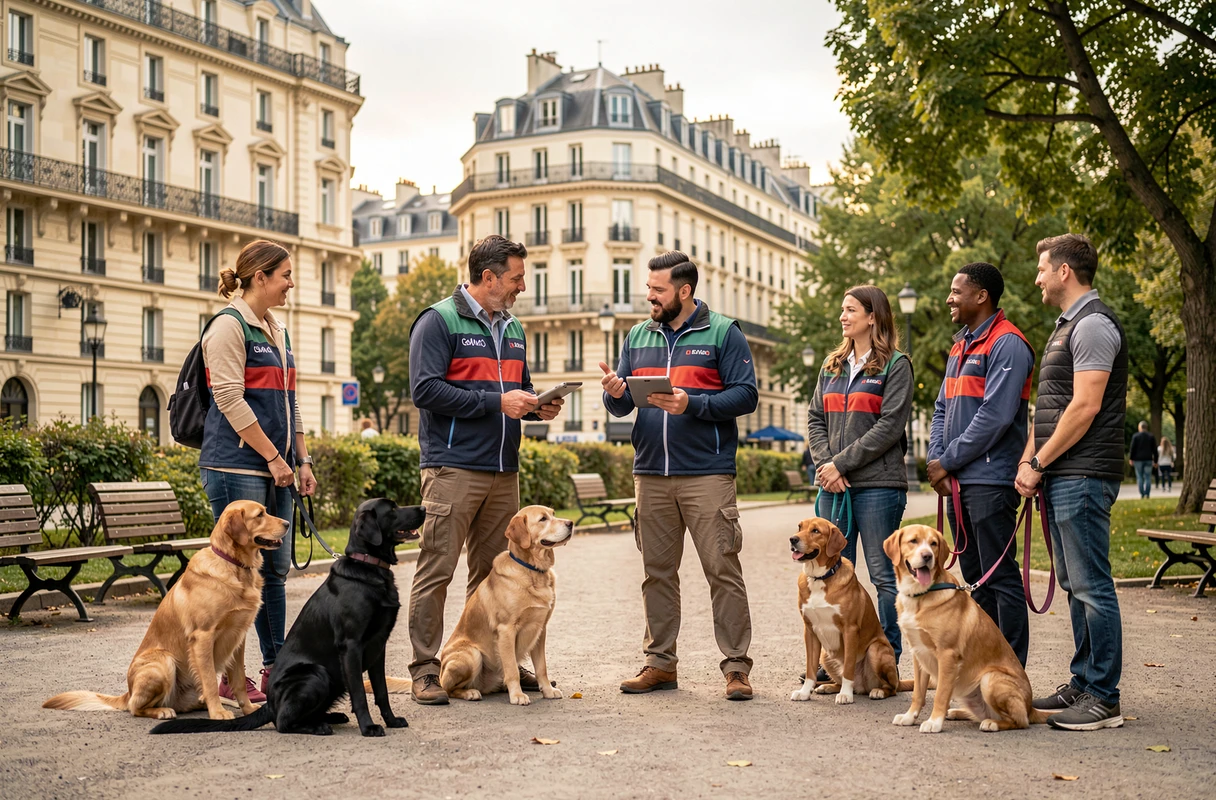 Canibest, réseau d'éducateurs canins à Paris, plusieurs éducateurs professionnels collaborant avec des clients et leurs chiens dans un parc urbain