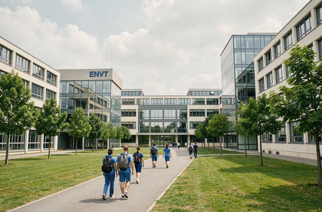 Campus du Centre Hospitalier Universitaire Vétérinaire de Toulouse ENVT avec étudiants vétérinaires