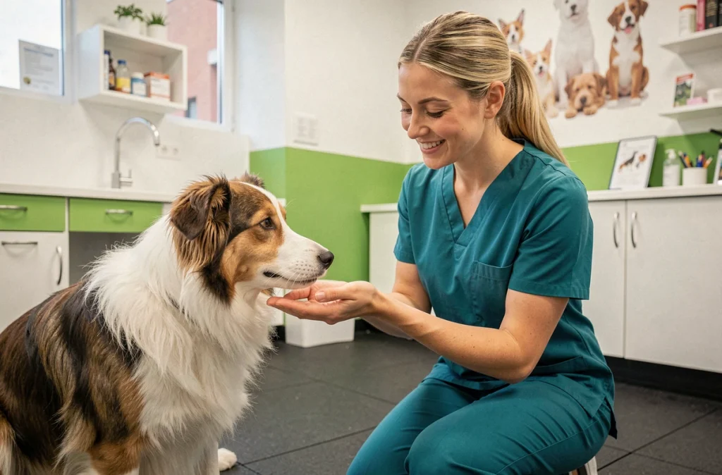 La vétérinaire Claire Beyssel interagissant avec un border collie dans sa clinique de Toulouse