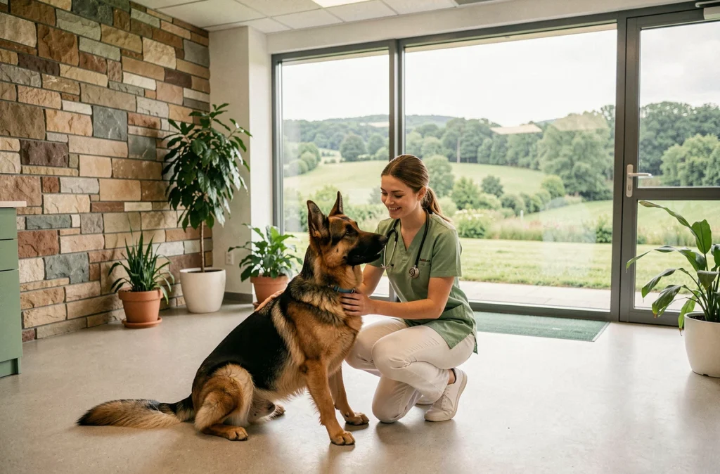 Vétérinaire avec un berger allemand à la Clinique Vétérinaire Arcanis à Art-sur-Meurthe