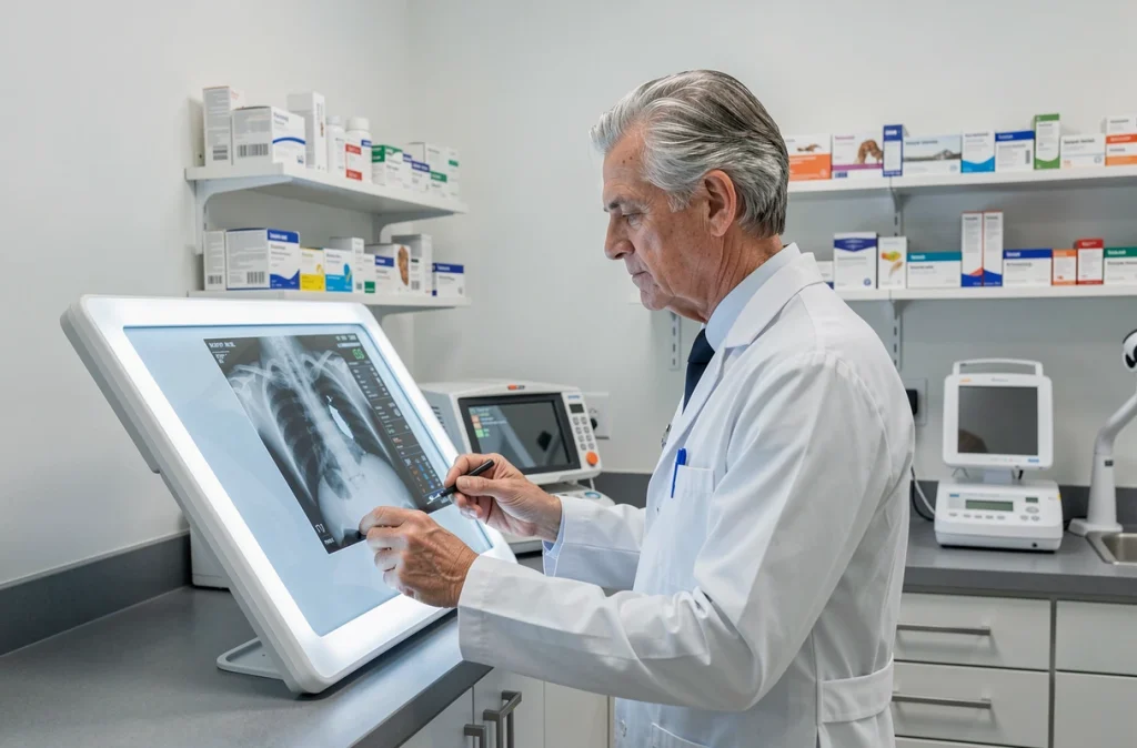 Dr Pascal Frey étudiant une radiographie à la Clinique Vétérinaire de Brabois