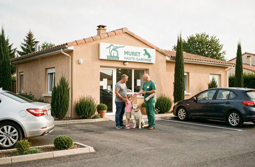 Façade de la Clinique Vétérinaire de Muret avec vétérinaire accueillant des clients et leur chien