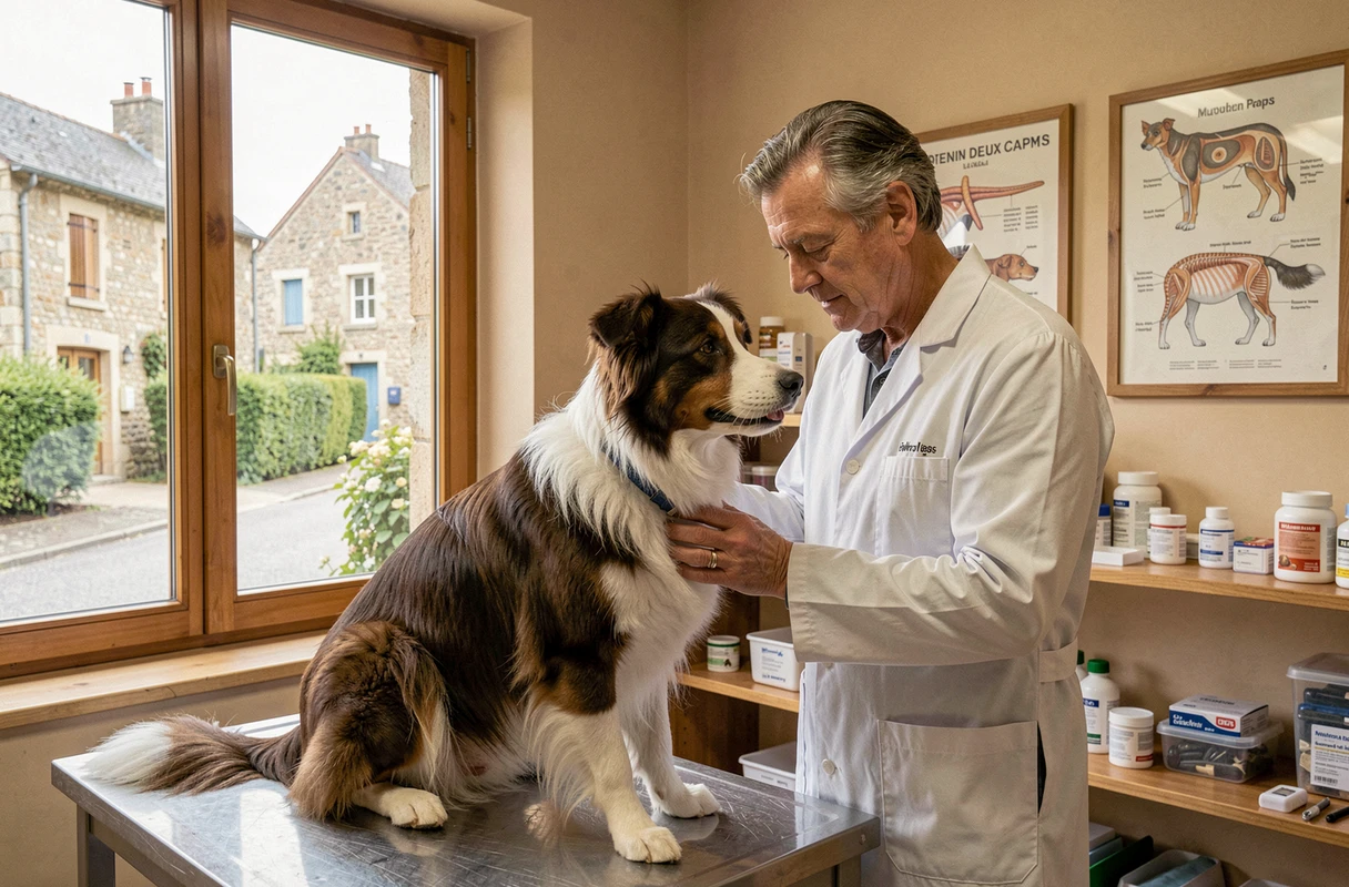 Vétérinaire examinant un Border Collie dans le cadre rural de la Clinique Vétérinaire des Deux Caps à Marquise