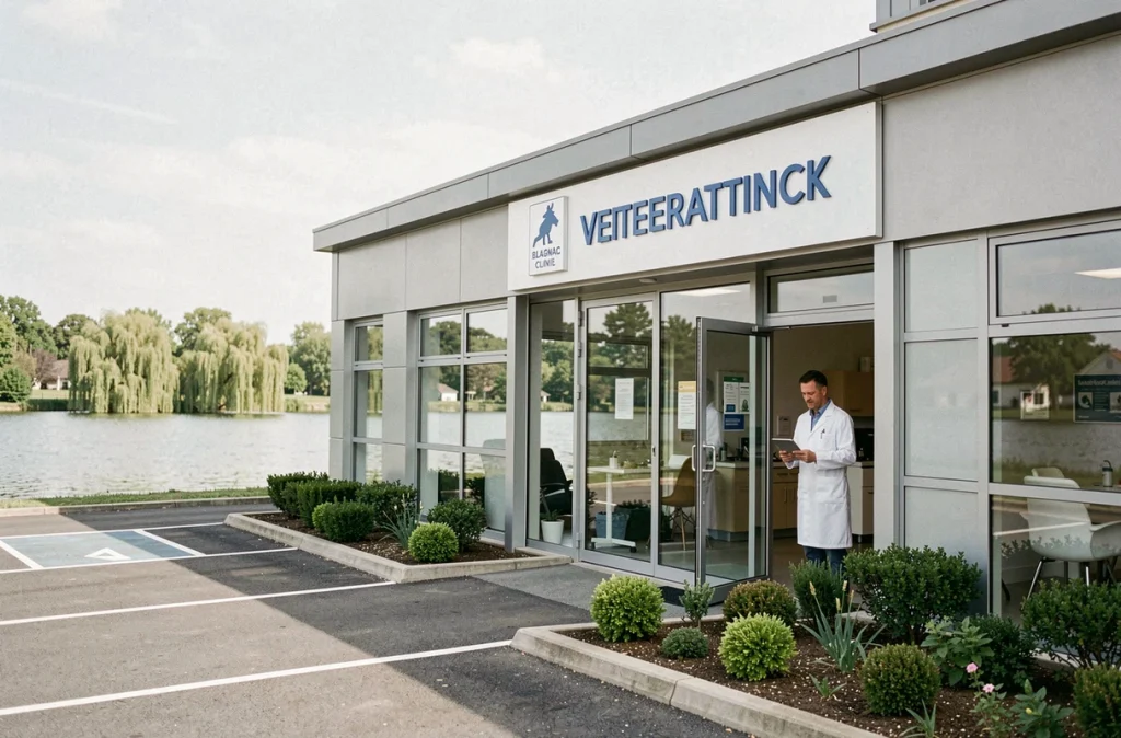 Extérieur de la Clinique Vétérinaire du Lac à Blagnac avec vue sur le lac environnant