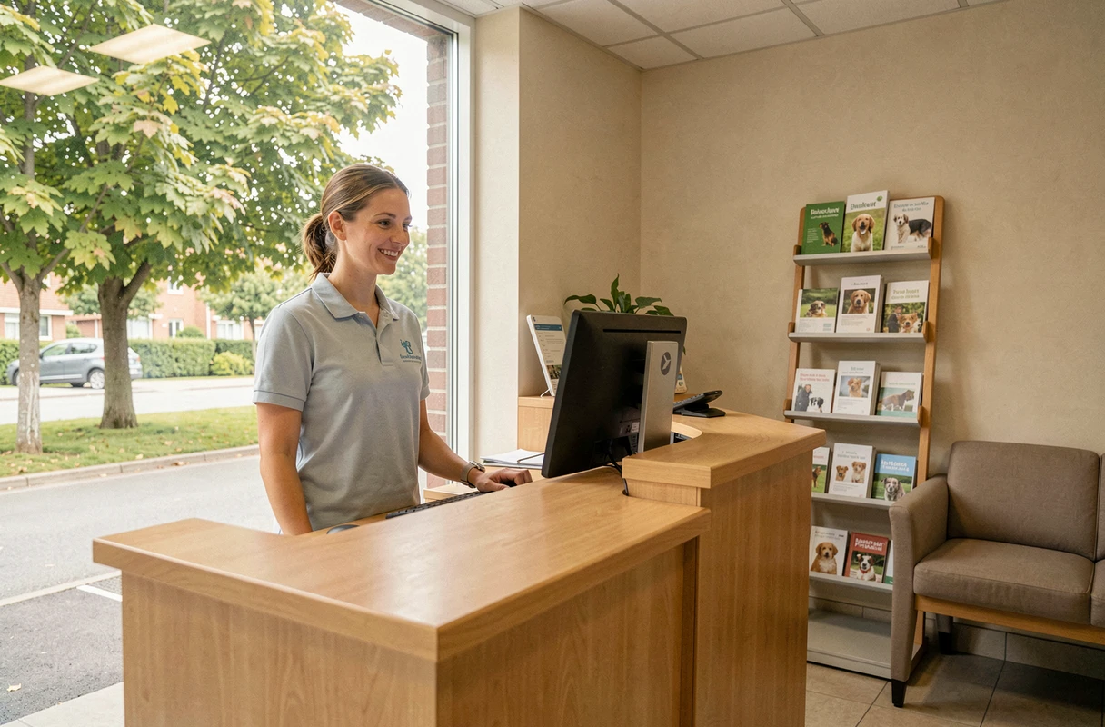 Accueil de la Clinique Vétérinaire Les Érables à Boulogne-sur-Mer avec réceptionniste souriante