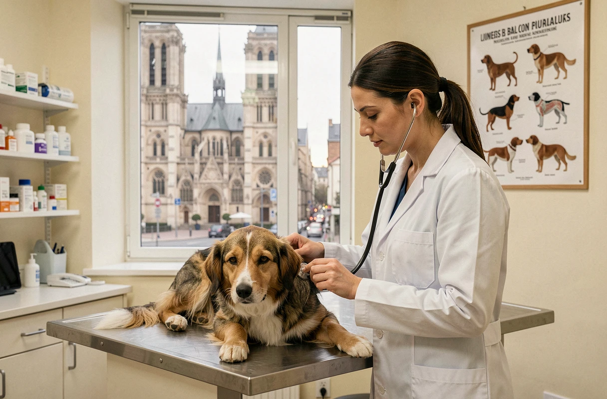Vétérinaire ausculant un chien avec un stéthoscope à la Clinique Vétérinaire Notre-Dame de Lens