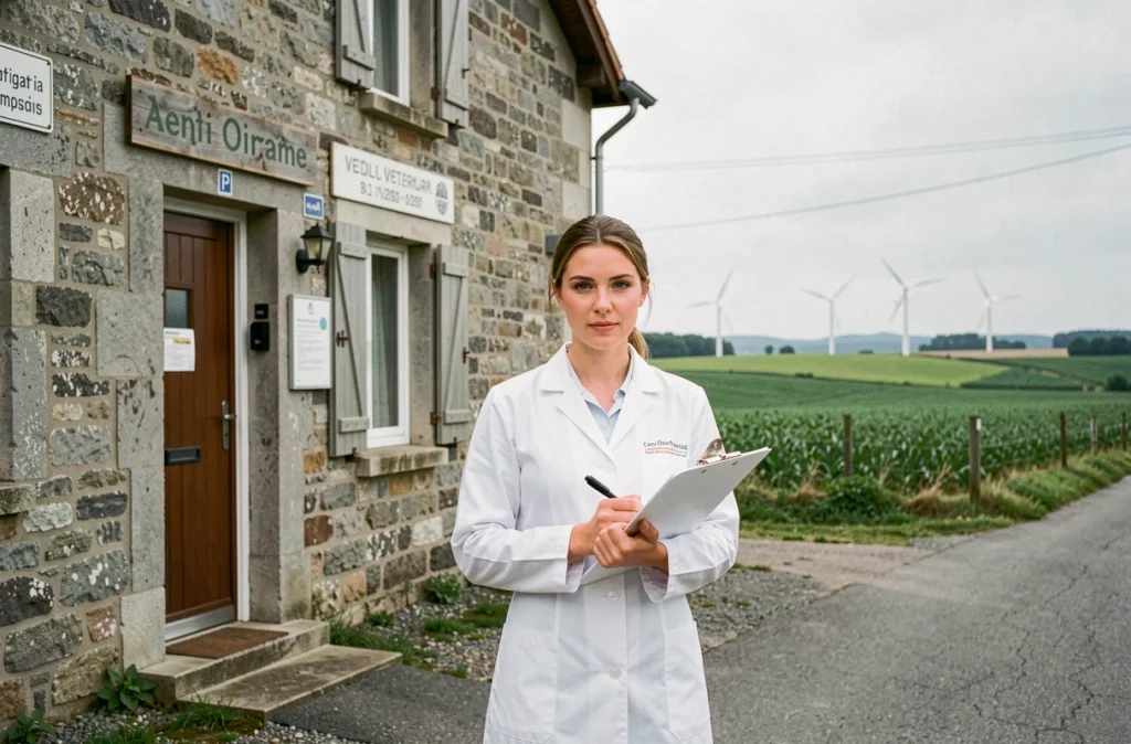 Vétérinaire devant la Clinique Vétérinaire du Pays des Éoliennes à Blâmont en milieu rural