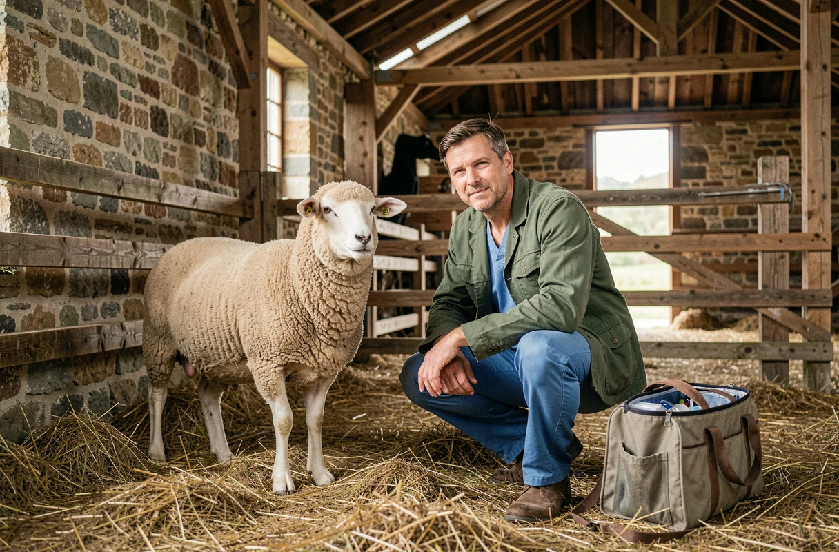 Vétérinaire rural examinant un mouton dans un environnement agricole à la Clinique Vétérinaire du Pays de Lumbres