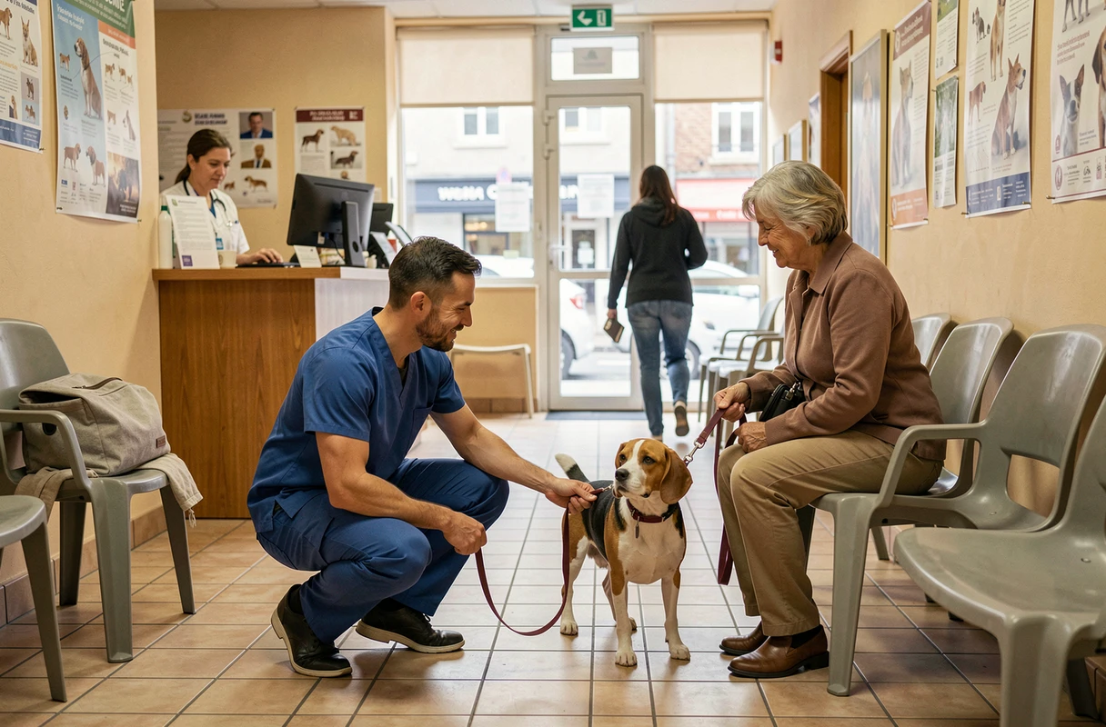 Vétérinaire accueillant un chien dans la salle d'attente de la Clinique Vétérinaire Place de la République à Lens