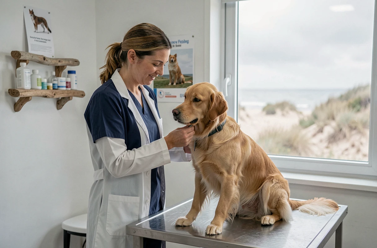 Vétérinaire examinant un golden retriever avec vue côtière à la Clinique Vétérinaire de la Plage à Berck-sur-Mer