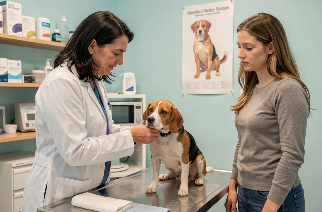 Vétérinaire de la Clinique St Simon à Toulouse examinant un beagle en consultation