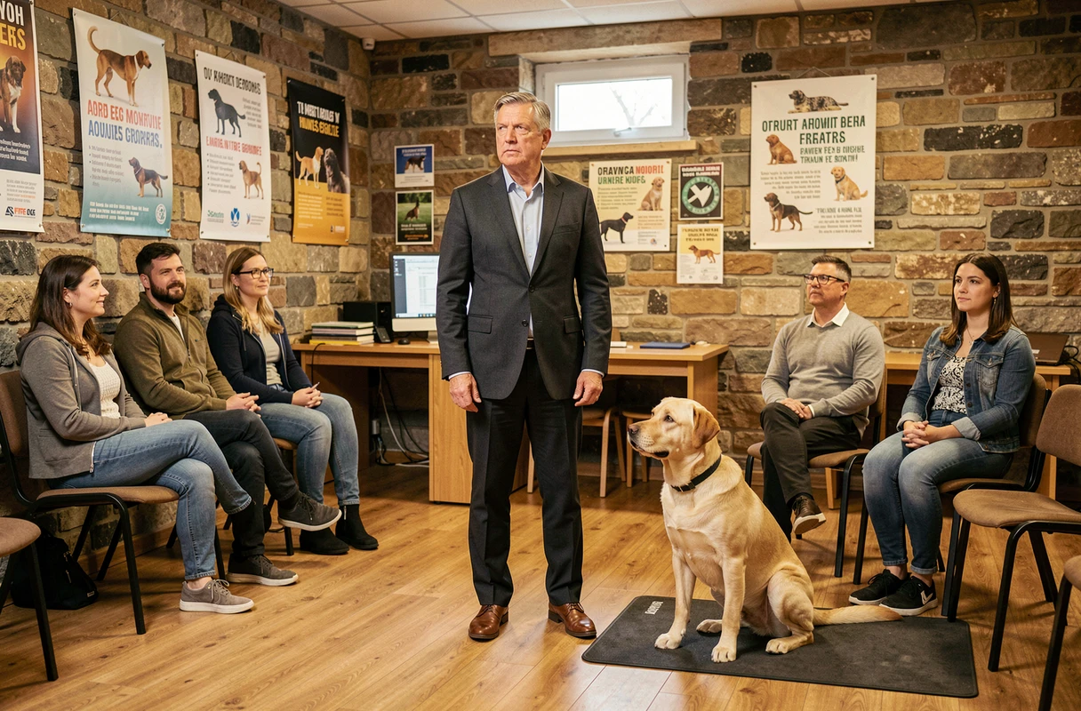 Dogue Académie, formation et éducation canine à Paris, formateur professionnel animant un cours théorique et pratique dans une salle de formation avec des élèves