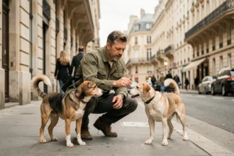 Éducateur canin professionnel travaillant avec des chiens dans une rue parisienne typique avec des bâtiments haussmanniens en arrière-plan