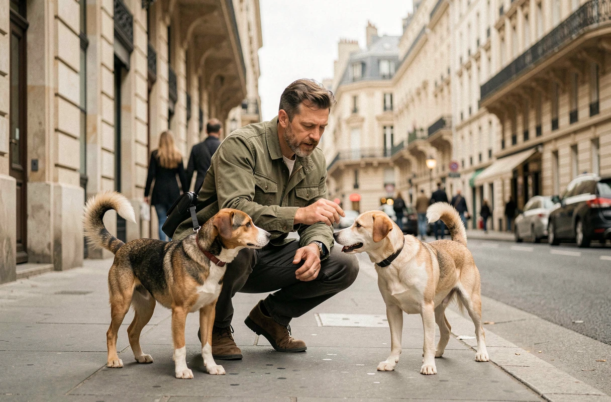 Éducateur canin professionnel travaillant avec des chiens dans une rue parisienne typique avec des bâtiments haussmanniens en arrière-plan