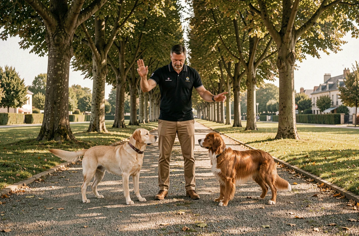 EDUCHIEN78, éducateur canin intervenant à Paris et en Île-de-France, en séance collective avec deux chiens dans un parc de banlieue