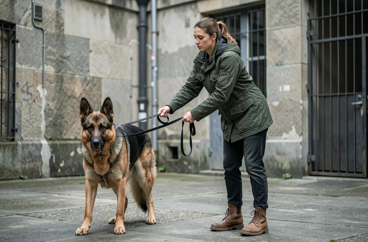 Elyse, éducatrice canine spécialisée dans les chiens difficiles, gérant un berger allemand réactif dans une cour urbaine parisienne