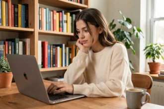 Jeune femme explorant le site Aplouf.com sur un ordinateur portable dans un bureau à domicile cosy