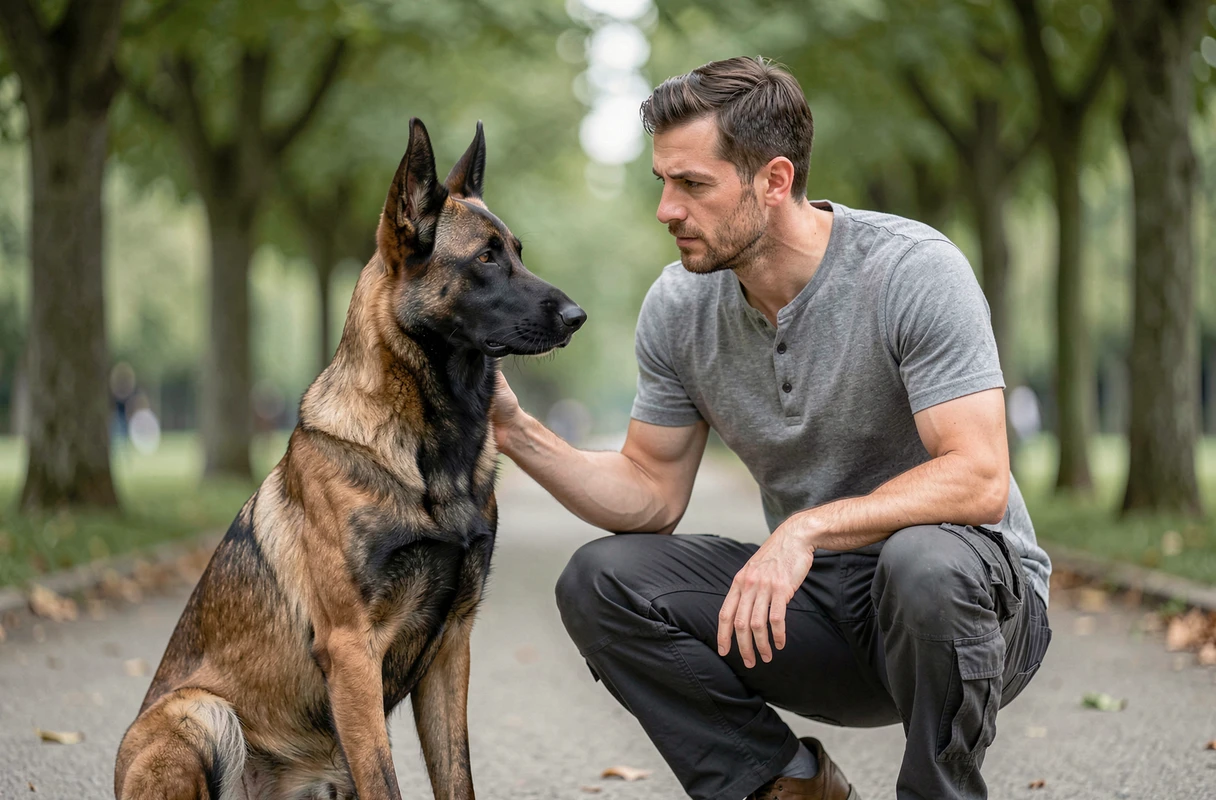 Grégory, éducateur et comportementaliste canin à Paris, en séance avec un Malinois dans un parc parisien