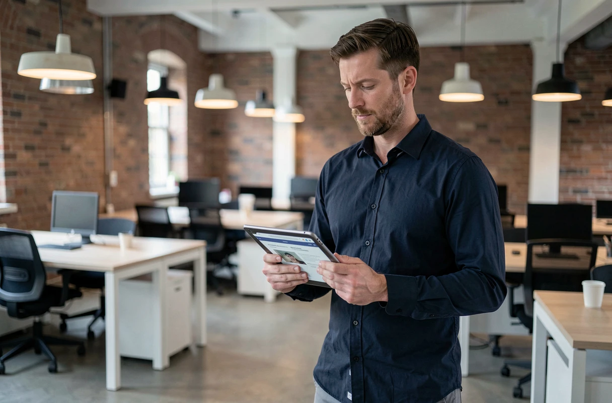 Homme en espace de coworking analysant le contenu du site Aplouf sur une tablette numérique