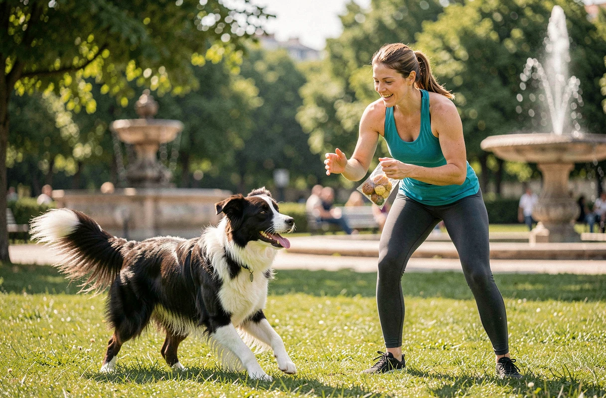 Indigo Dog, cours d'éducation canine à Paris, éducatrice en séance de renforcement positif avec un Border Collie dans un parc
