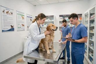 Intérieur d'une clinique vétérinaire moderne dans le Pas-de-Calais avec vétérinaire examinant un chien