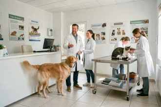 Vue intérieure d'une clinique vétérinaire en Haute-Garonne avec des vétérinaires accueillant des animaux de compagnie