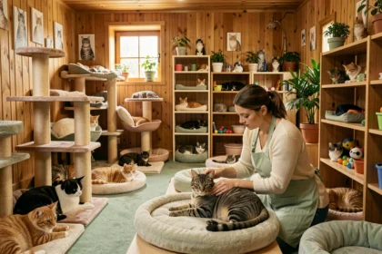 Intérieur chaleureux d'une pension pour chats en Nouvelle-Aquitaine avec plusieurs chats dans des enclos confortables