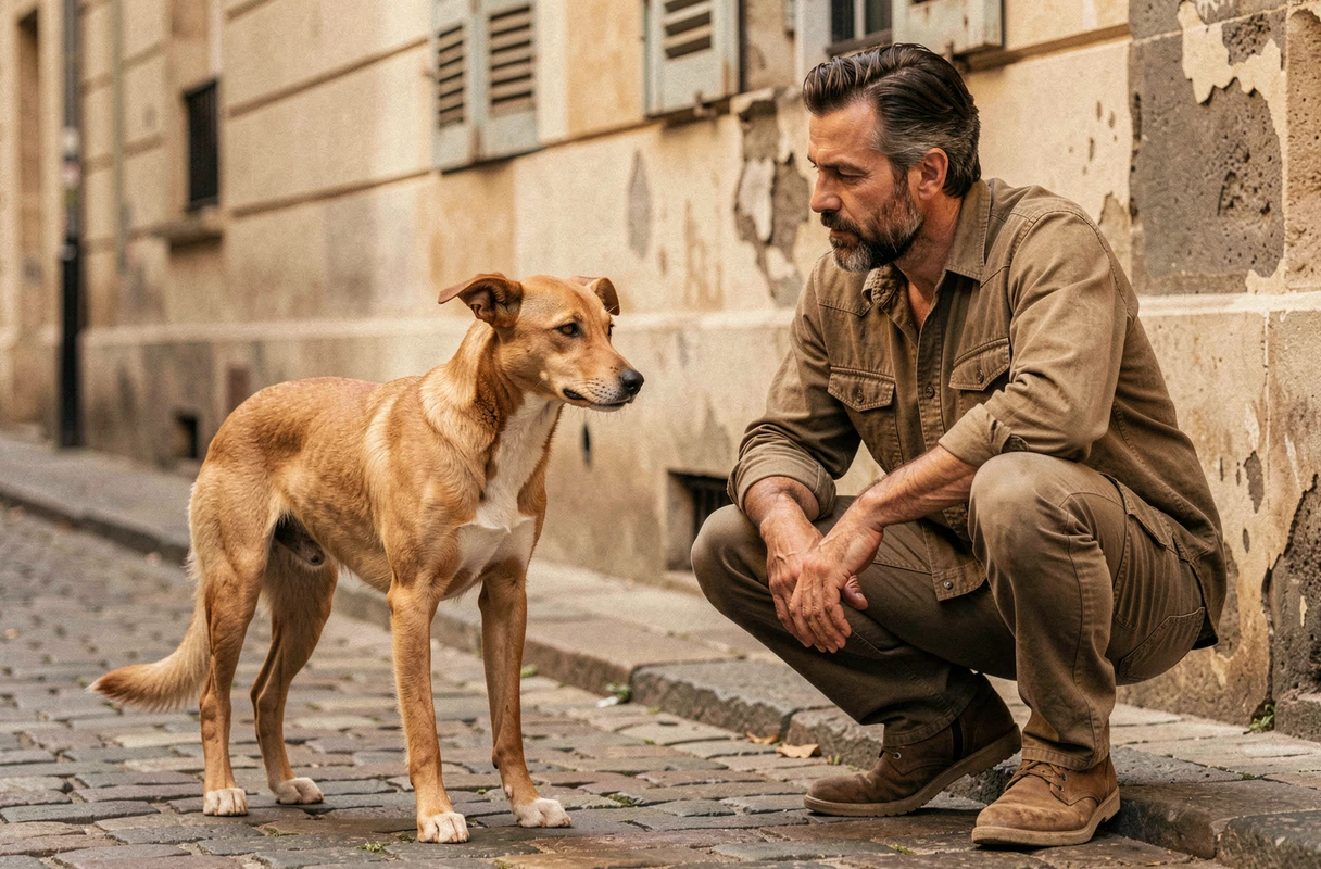 Primitif Addict, spécialiste des chiens primitifs à Paris, éducateur avec un chien de race primitive dans une ruelle pavée parisienne