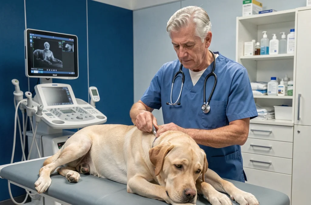 Le vétérinaire Bernard Pujo réalisant une échographie sur un labrador dans sa clinique à Toulouse