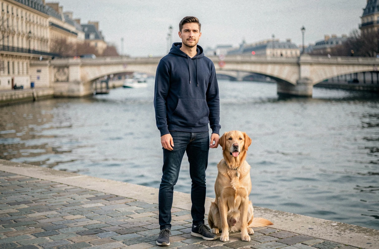 Théo, comportementaliste et éducateur canin à Paris, avec un Golden Retriever sur les quais de Seine