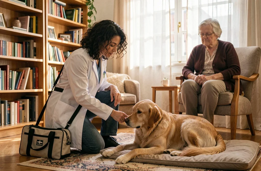 Vétérinaire de Vetadom Toulouse effectuant une visite à domicile auprès d'un golden retriever senior
