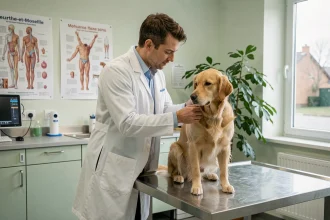 Vétérinaire en Meurthe-et-Moselle examinant un chien dans une clinique vétérinaire moderne