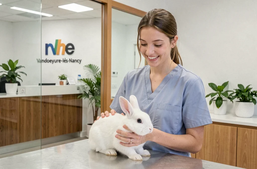 Vétérinaire tenant un lapin à la clinique Vetonimo de Vandoeuvre-lès-Nancy