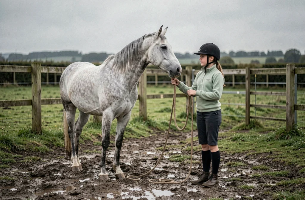 Adolescente débutante tentant de mener un cheval gris en longe dans un paddock boueux, illustration d'une erreur fréquente lors de l'apprentissage de l'équitation