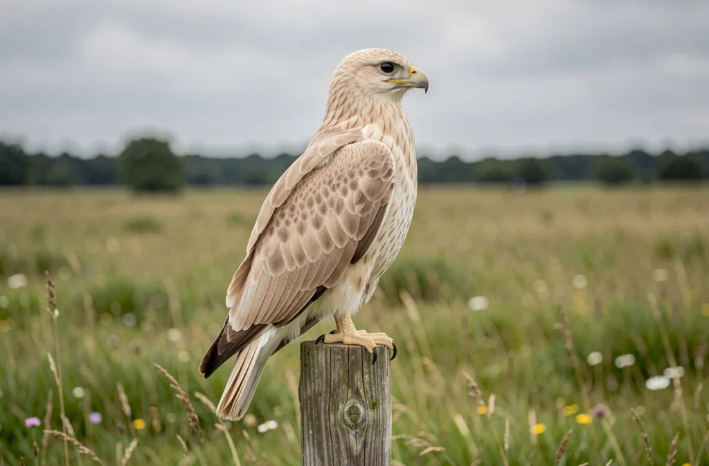 Buse variable au plumage clair posée sur un piquet