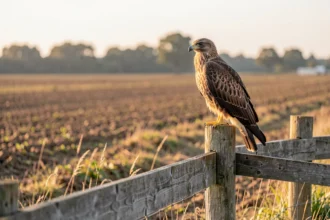 Buse variable posée sur un piquet au bord d'un champ