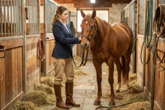 Jeune femme débutante posant un licou à un cheval alezan dans une écurie en bois avec sol en pierre et paille, apprentissage du soin quotidien du cheval