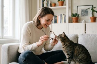 Femme tenant ses lunettes en écaille face à un chat tabby curieux sur un canapé en lin gris, illustrant les risques des griffes et mâchouillages sur les montures