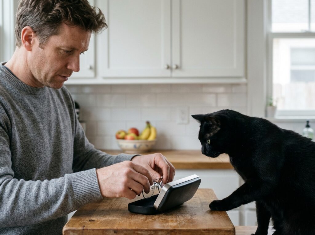 Homme rangeant ses lunettes à monture fine dans un étui rigide sur un plan de travail, un chat noir vigilant à ses côtés, illustrant les bonnes pratiques pour protéger ses lunettes des animaux
