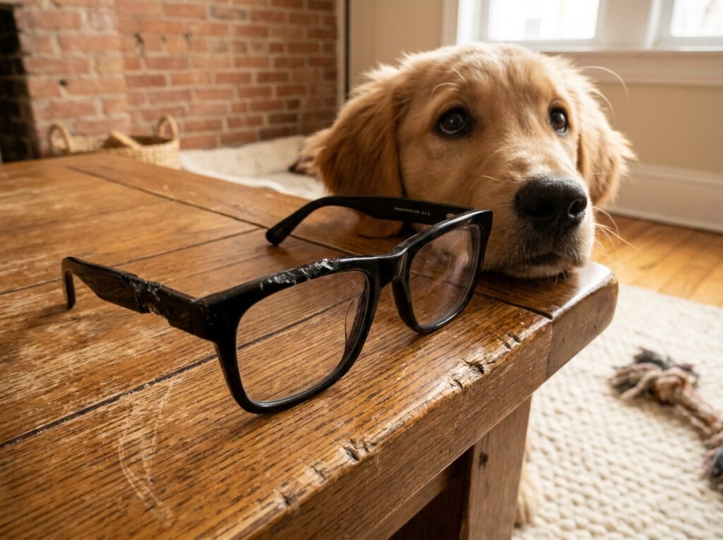 Lunettes en acétate noir posées sur une table basse avec des marques de mâchouillage visibles, un chiot golden retriever coupable regardant la scène, illustrant les dégâts causés aux montures